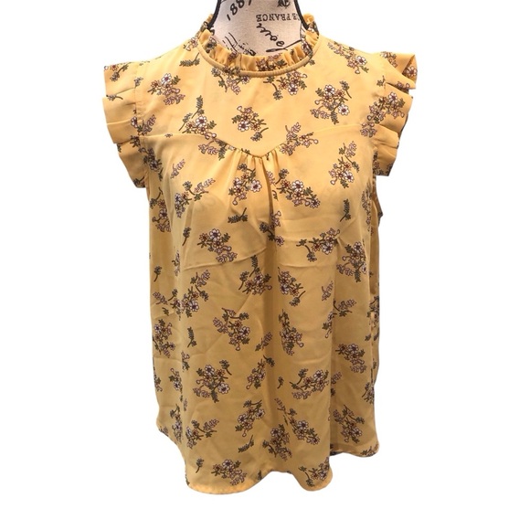 Monteau LA Large Yellow Floral Blouse Ruffled  sleeveless Button Back - Picture 1 of 7